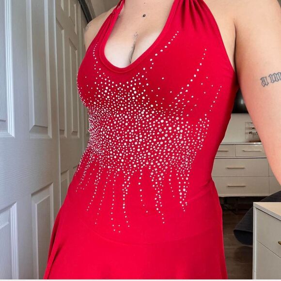 Vintage Solar Red Rhinestone Halter Dress – Size Small - Picture 3 of 8